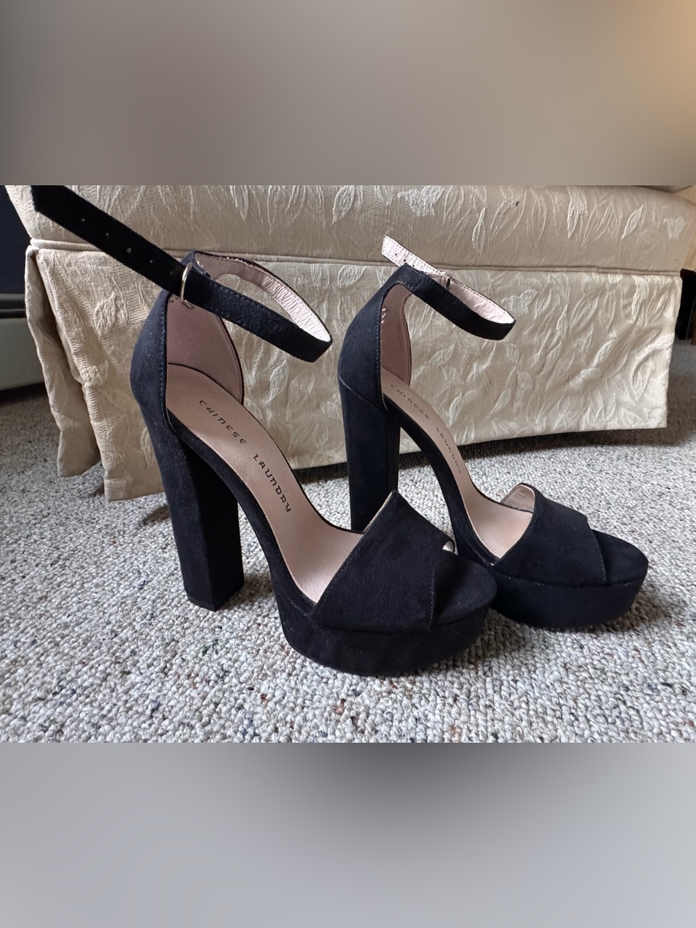 Chinese Laundry Women's Black Suede Platform Ankle-Strap Heels